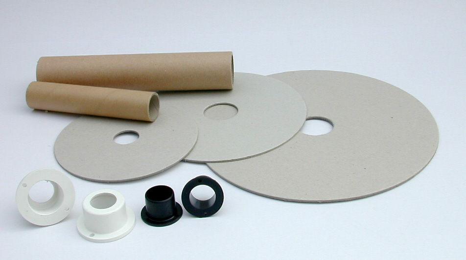 Cardboard flange and tube, shock-resistant polystyrene caps.