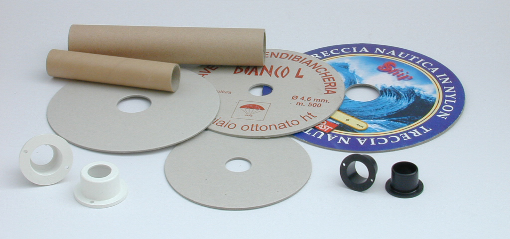 Cardboard flange and tube, shock absorbent polystyrene caps.